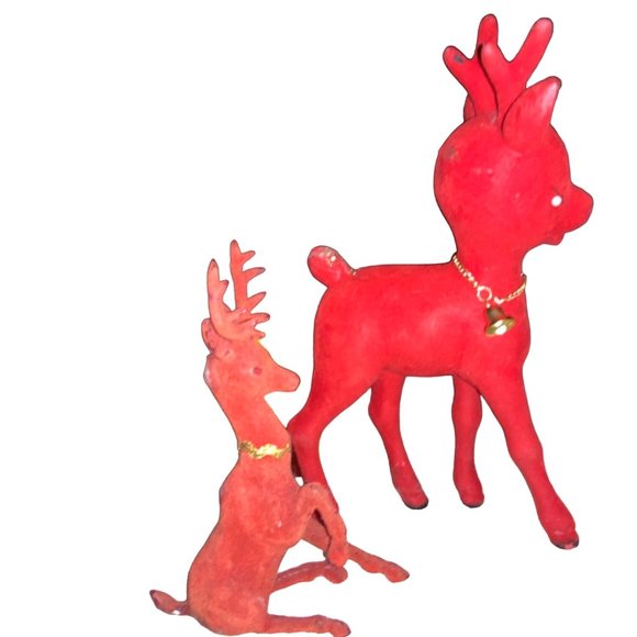 Red Flocked Felt Christmas Reindeer 2 Vintage Deer - Picture 2 of 16